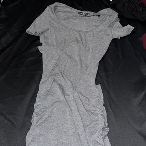Size xs grey dress very long open back dress has ruffles at the bottom.